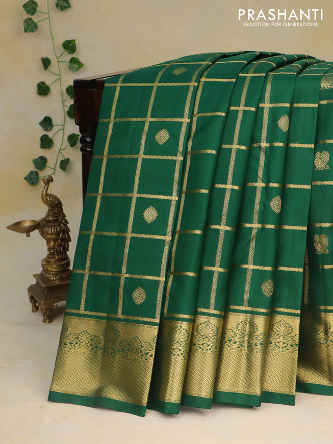 Pure kanchipuram silk saree green with zari checks & buttas and zari woven border