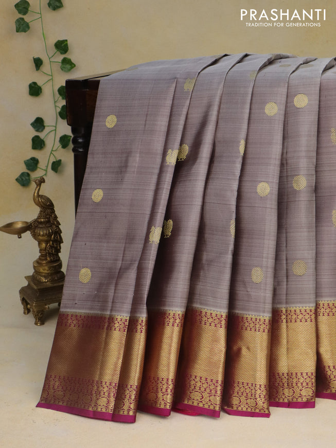 Pure kanchipuram silk saree grey shade and purple with zari woven buttas and zari woven border