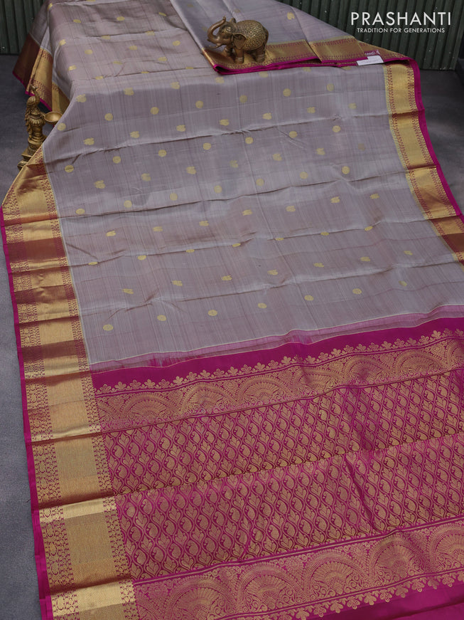 Pure kanchipuram silk saree grey shade and purple with zari woven buttas and zari woven border