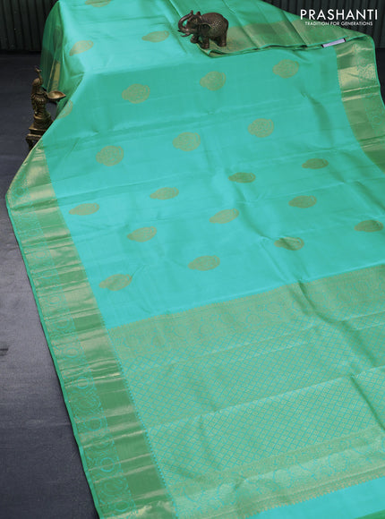 Pure kanchipuram silk saree teal blue with zari woven buttas and floral zari woven border