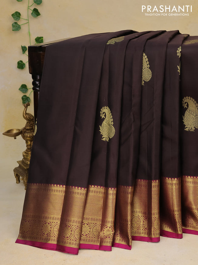 Pure kanchipuram silk saree deep coffee brown and magenta pink with zari woven buttas and floral zari woven border