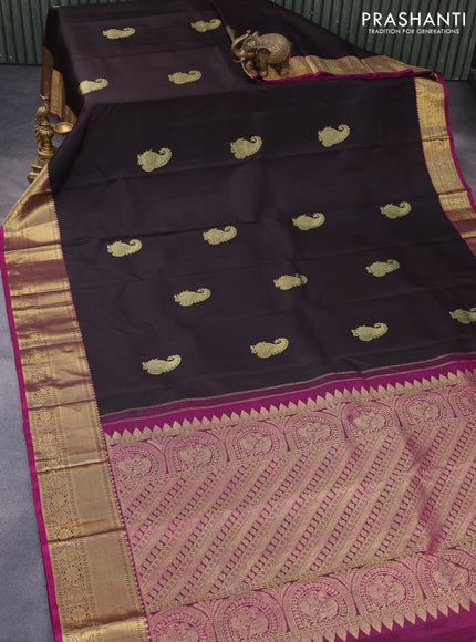 Pure kanchipuram silk saree deep coffee brown and magenta pink with zari woven buttas and floral zari woven border