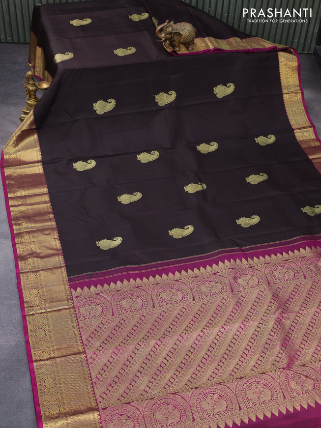 Pure kanchipuram silk saree deep coffee brown and magenta pink with zari woven buttas and floral zari woven border