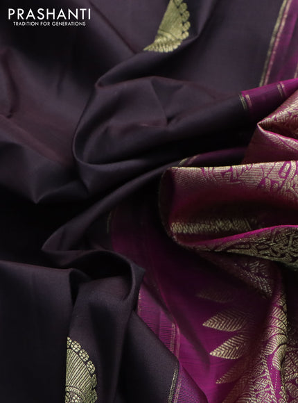 Pure kanchipuram silk saree deep coffee brown and magenta pink with zari woven buttas and floral zari woven border