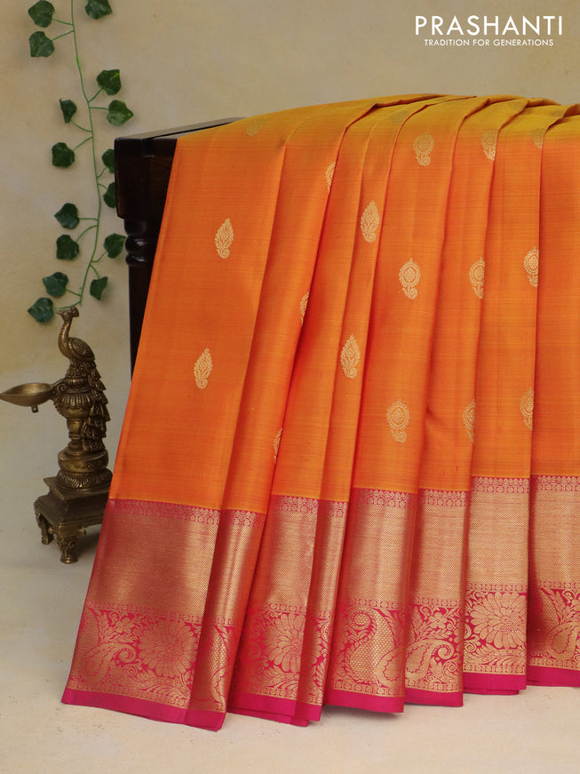 Pure kanchipuram silk saree mustard yellow and pink with zari woven buttas and floral zari woven border