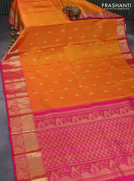 Pure kanchipuram silk saree mustard yellow and pink with zari woven buttas and floral zari woven border