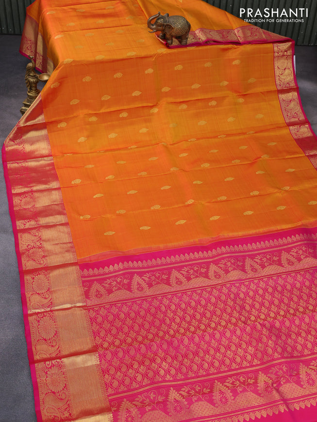 Pure kanchipuram silk saree mustard yellow and pink with zari woven buttas and floral zari woven border