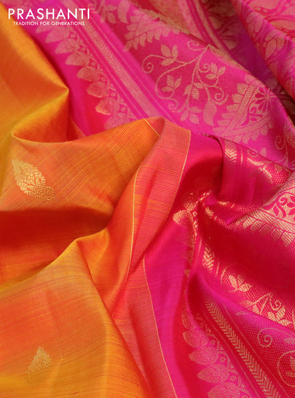 Pure kanchipuram silk saree mustard yellow and pink with zari woven buttas and floral zari woven border