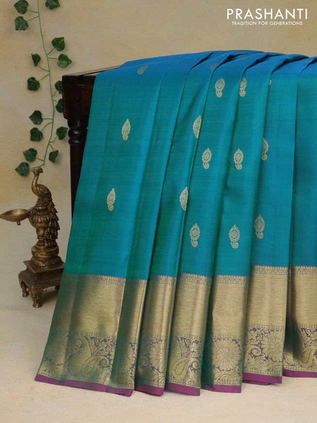 Pure kanchipuram silk saree cs blue and pink with zari woven buttas and floral zari woven border