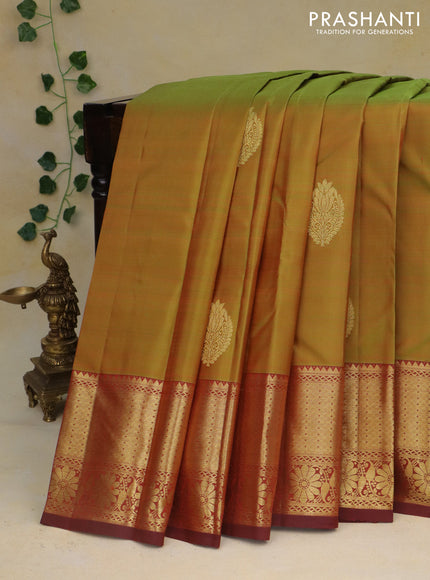 Pure kanchipuram silk saree mustard green and maroon with zari woven buttas and floral zari woven border