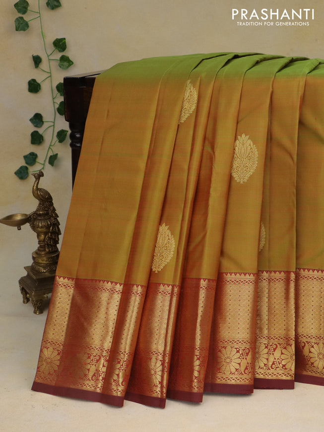 Pure kanchipuram silk saree mustard green and maroon with zari woven buttas and floral zari woven border