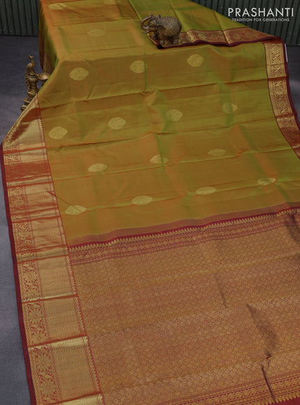 Pure kanchipuram silk saree mustard green and maroon with zari woven buttas and floral zari woven border