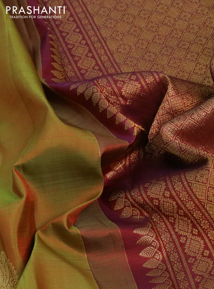 Pure kanchipuram silk saree mustard green and maroon with zari woven buttas and floral zari woven border