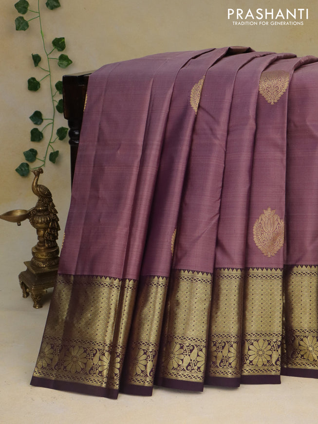 Pure kanchipuram silk saree pastel lavender and deep violet with zari woven buttas and floral zari woven border