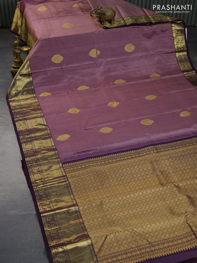 Pure kanchipuram silk saree pastel lavender and deep violet with zari woven buttas and floral zari woven border