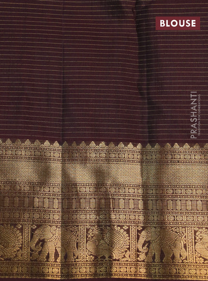 Pure kanchipuram silk saree grey shade and deep maroon with allover small zari checks & buttas and annam & elephant zari woven border