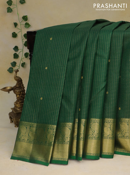 Pure kanchipuram silk saree green with allover small zari checks & buttas and annam zari woven border