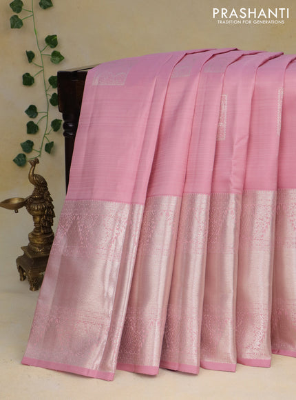 Pure kanchipuram silk saree light pink with silver zari woven box type buttas and long silver zari woven border