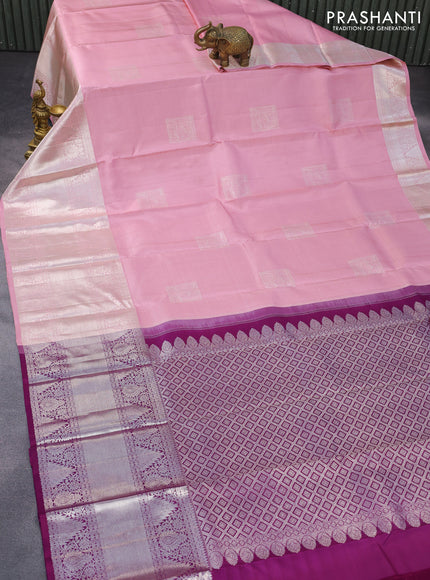 Pure kanchipuram silk saree light pink with silver zari woven box type buttas and long silver zari woven border