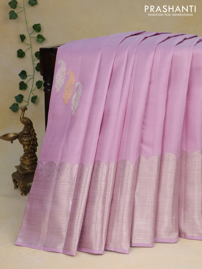 Pure kanchipuram silk saree lavender shade with silver & gold zari woven paisley buttas and silver zari woven border