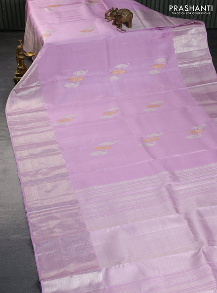 Pure kanchipuram silk saree lavender shade with silver & gold zari woven paisley buttas and silver zari woven border