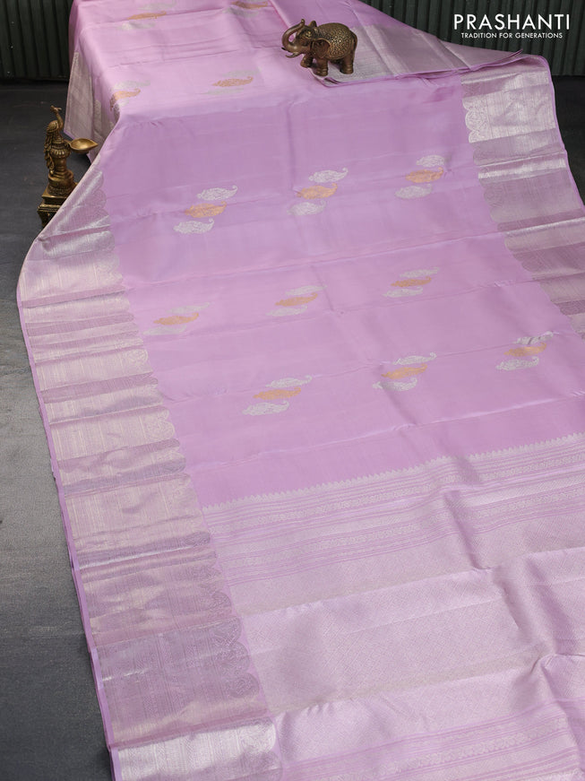 Pure kanchipuram silk saree lavender shade with silver & gold zari woven paisley buttas and silver zari woven border