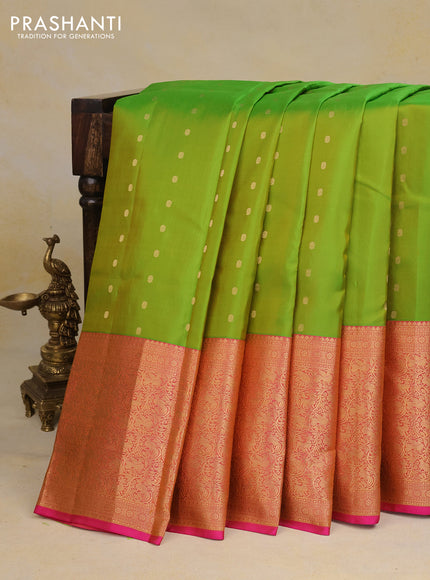 Pure kanchipuram silk saree light green and pink with allover zari woven buttas and long zari woven border