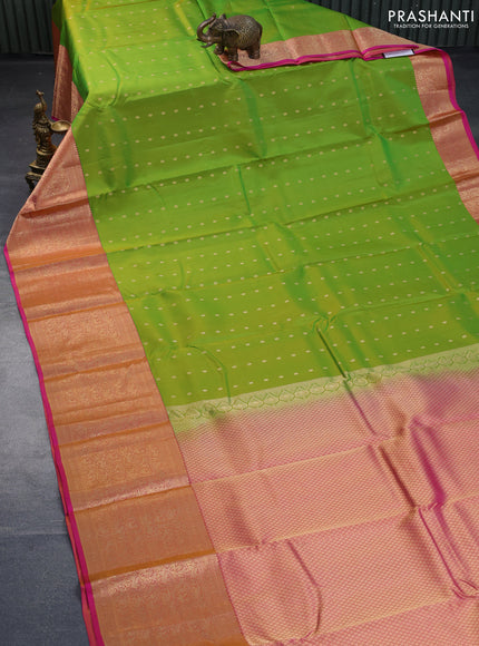 Pure kanchipuram silk saree light green and pink with allover zari woven buttas and long zari woven border