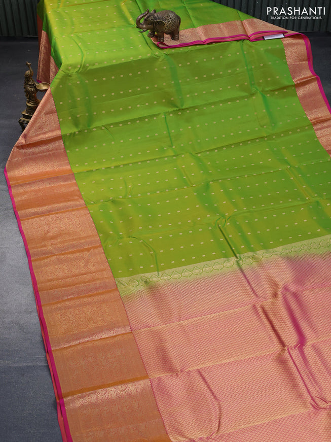 Pure kanchipuram silk saree light green and pink with allover zari woven buttas and long zari woven border