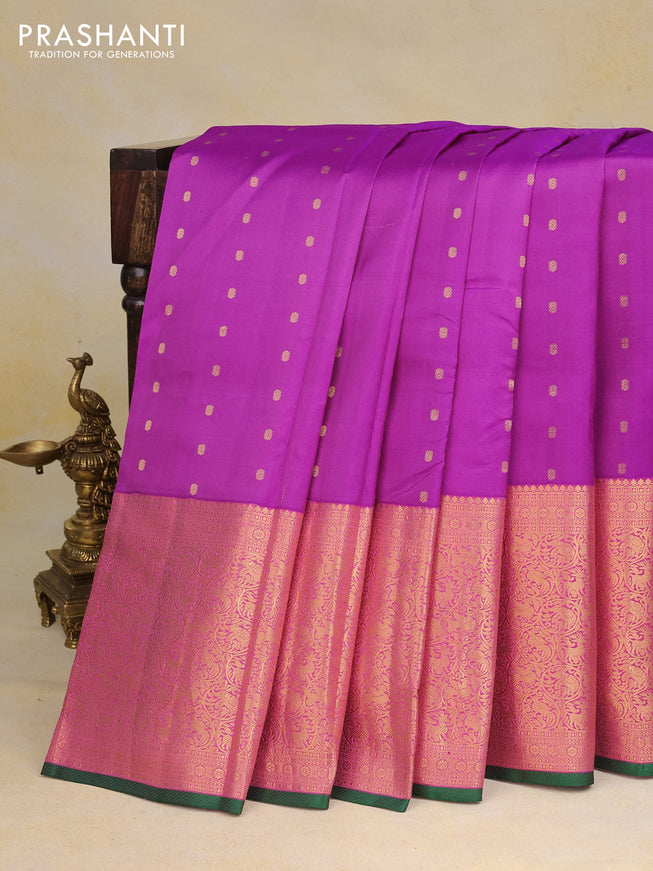 Pure kanchipuram silk saree purple and green with allover zari woven buttas and long zari woven border