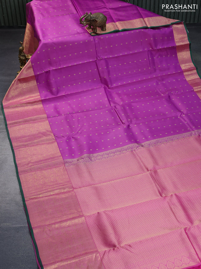 Pure kanchipuram silk saree purple and green with allover zari woven buttas and long zari woven border