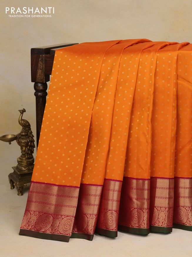 Pure kanchipuram silk saree mango yellow and maroon with allover zari woven butta weaves and zari woven korvai border