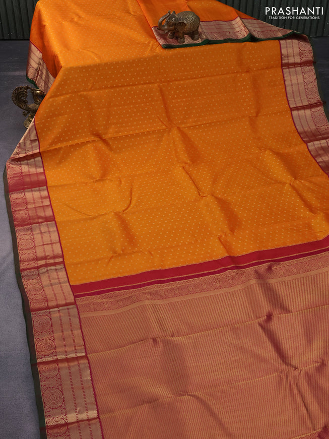 Pure kanchipuram silk saree mango yellow and maroon with allover zari woven butta weaves and zari woven korvai border