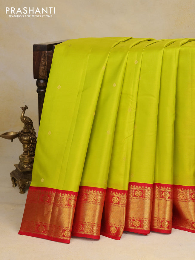 Pure kanchipuram silk saree lime yellow and red with zari woven buttas and zari woven korvai border