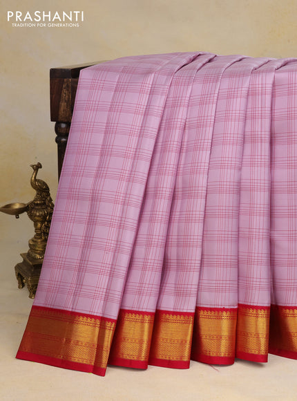 Pure kanchipuram silk saree pastel lavender and red with allover checked pattern and zari woven korvai border