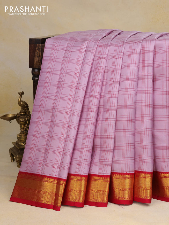 Pure kanchipuram silk saree pastel lavender and red with allover checked pattern and zari woven korvai border