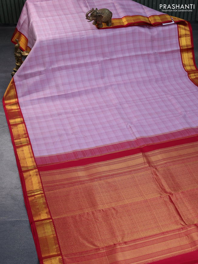 Pure kanchipuram silk saree pastel lavender and red with allover checked pattern and zari woven korvai border