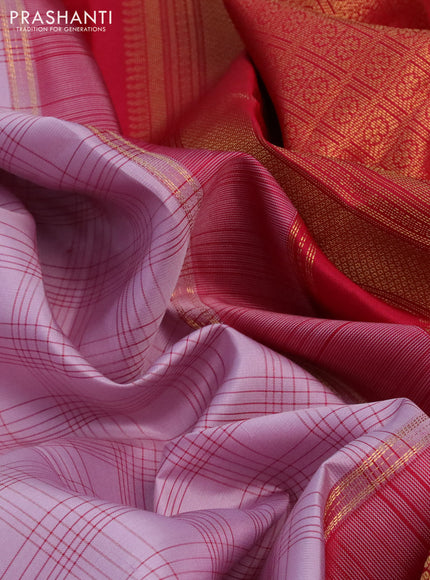 Pure kanchipuram silk saree pastel lavender and red with allover checked pattern and zari woven korvai border