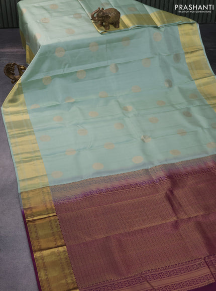 Pure kanchipuram silk saree pastel green and purple with zari woven buttas and zari woven border