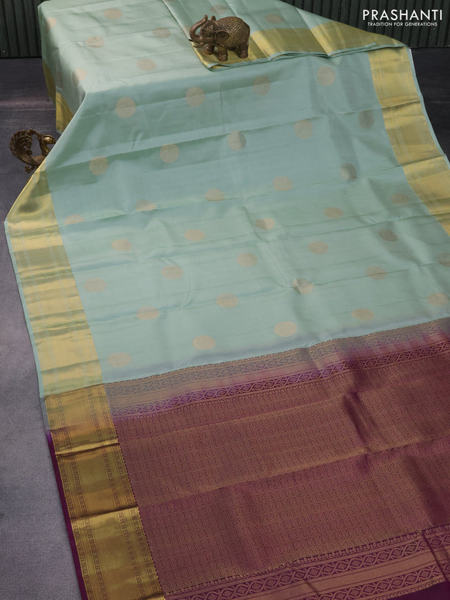 Pure kanchipuram silk saree pastel green and purple with zari woven buttas and zari woven border