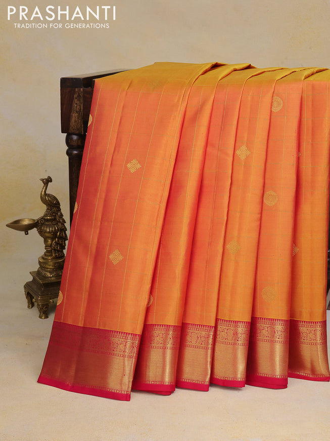 Pure kanchipuram silk saree dual shade of yellow and pink with allover zari checked pattern and zari woven border