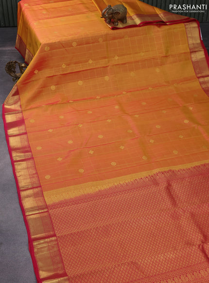 Pure kanchipuram silk saree dual shade of yellow and pink with allover zari checked pattern and zari woven border