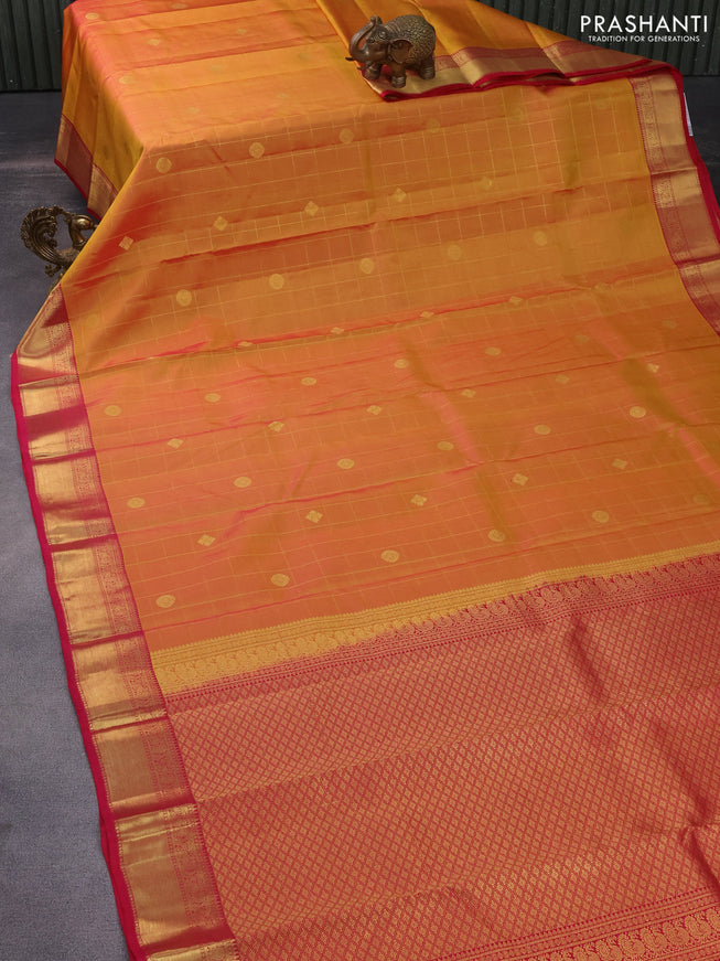 Pure kanchipuram silk saree dual shade of yellow and pink with allover zari checked pattern and zari woven border