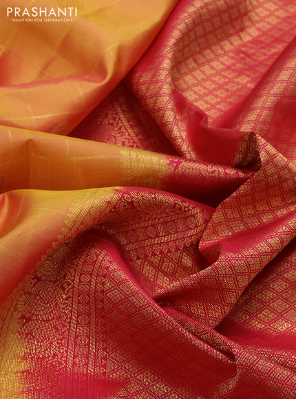 Pure kanchipuram silk saree dual shade of yellow and pink with allover zari checked pattern and zari woven border