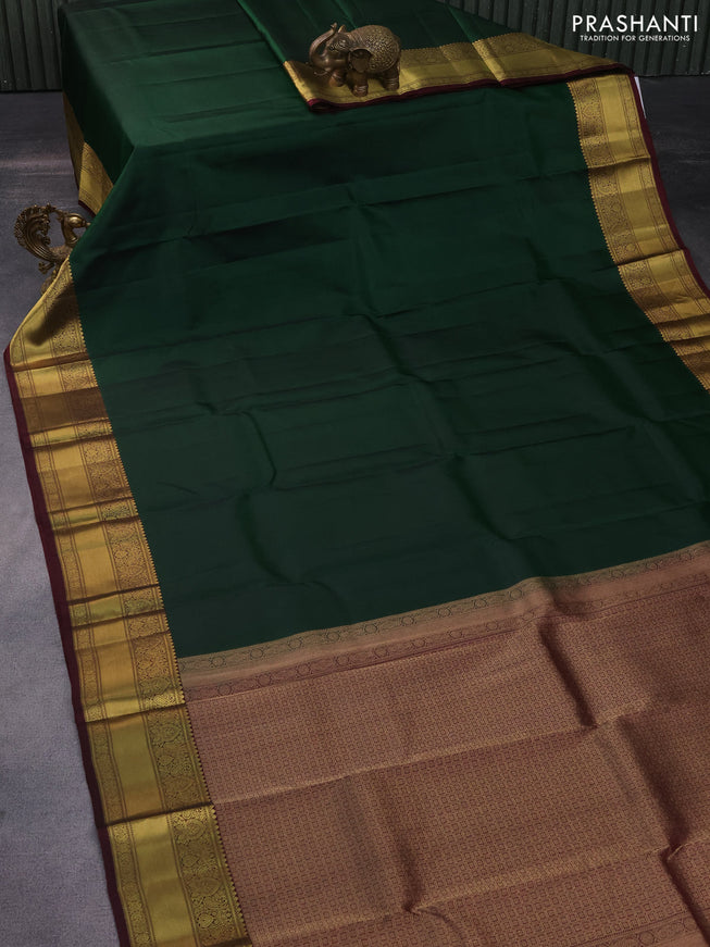 Pure kanchipuram silk saree green and deep maroon with zari woven buttas and zari woven border