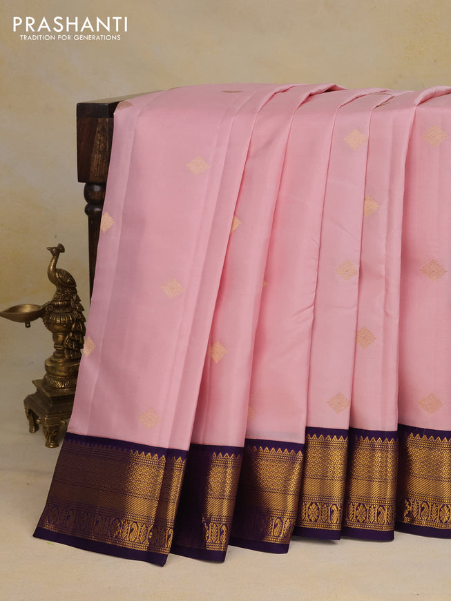 Pure kanchipuram silk saree baby pink and blue with zari woven buttas and zari woven korvai border