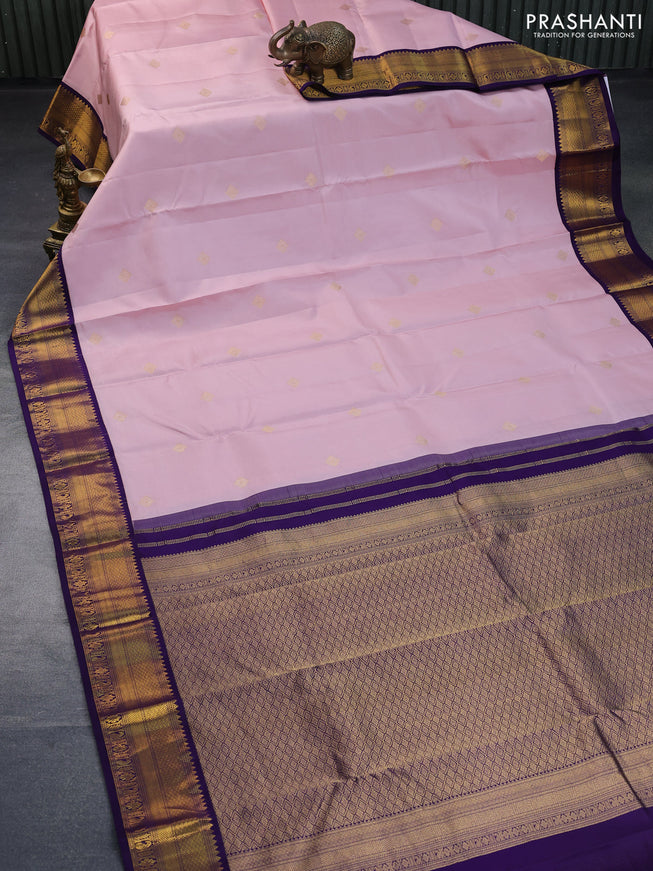 Pure kanchipuram silk saree baby pink and blue with zari woven buttas and zari woven korvai border