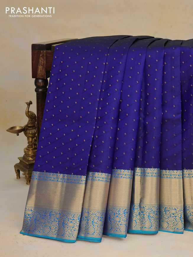 Pure kanchipuram silk saree blue and teal blue with allover self emboss & zari weaves and zari woven border