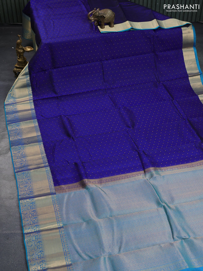 Pure kanchipuram silk saree blue and teal blue with allover self emboss & zari weaves and zari woven border