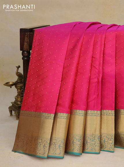 Pure kanchipuram silk saree pink and teal green with allover self emboss & zari weaves and zari woven border